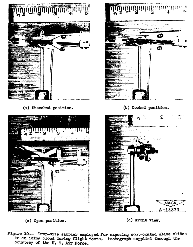 Figure 10. Drop-size sampler employed for exposing soot-coated glass slides to an icing cloud during flight tests. Photograph supplied through courtesy of the U. S. Air Force.